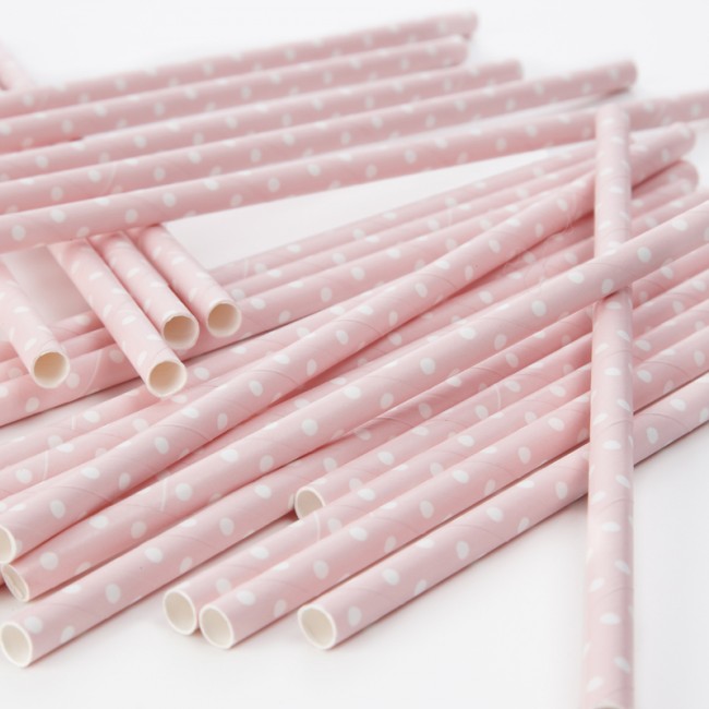 Cañitas rosa palo con lunares blancos 25 uds.: Detalles Candy Bar