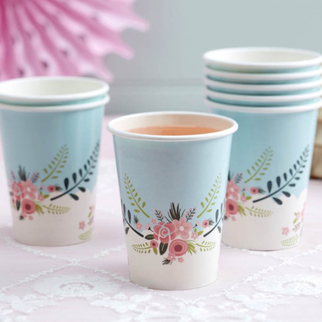 Vasos de papel con flores (8 uds.)